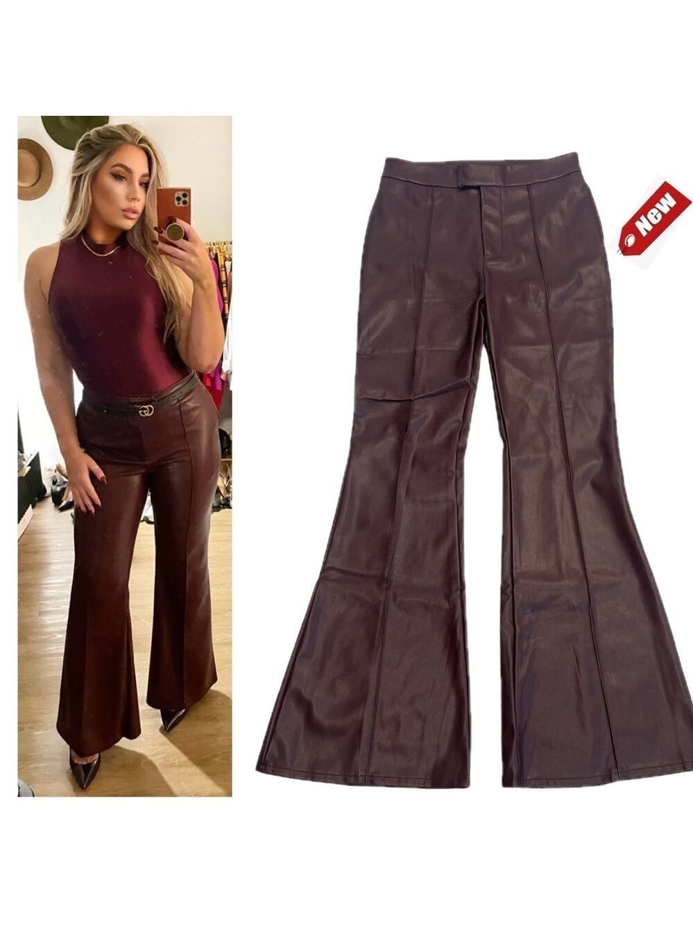 7 For All Mankind burgundy wine faux leather wide leg flare trouser pants S NWT